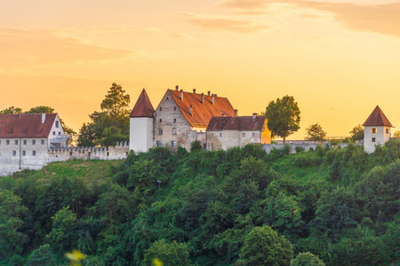 Castle of Burghausen in Bavaria, cityscape of  Germany at sunsetの写真素材