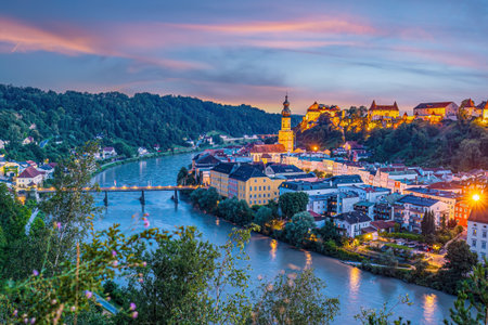 Burghausen downtown city skyline, cityscape of upper Bavaria town in Germany at twilight