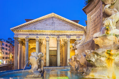 Twilight at the Pantheon, a 2nd century Italian temple in Rome, Italy