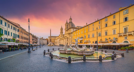 Piazza Navona in Rome, Italy at twilight in Europeの写真素材