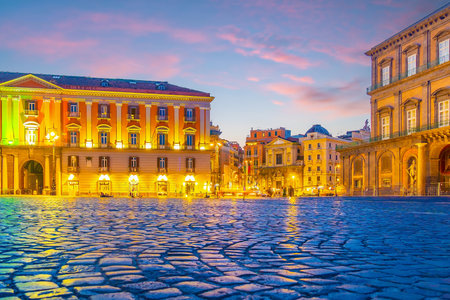 Downtown Naples city skyline, at public town square Piazza del Plebiscito,  cityscape of  Italy in Europeの写真素材