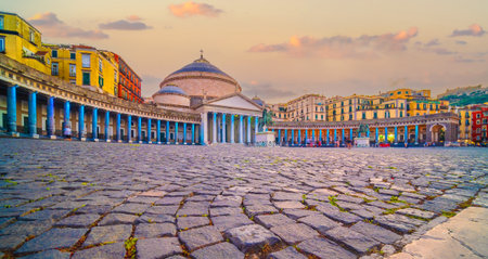 Downtown Naples city skyline, at public town square Piazza del Plebiscito,  cityscape of  Italy in Europeの写真素材