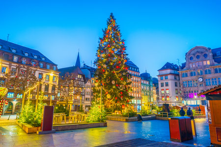 Christmas tree and xmas market at Kleber Square in Strasbourg , Franceの写真素材