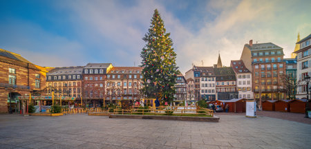 Christmas tree and xmas market at Kleber Square in Strasbourg , Franceの写真素材