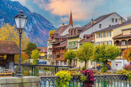 Interlaken city skyline, cityscape of Switzerland in Autumnの写真素材