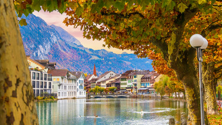 Interlaken city skyline, cityscape of Switzerland in Autumnの写真素材