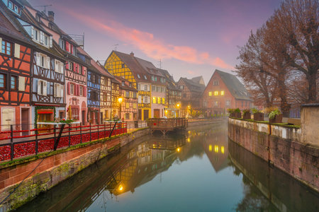 Colmar christmas decoration in France at twilightの写真素材