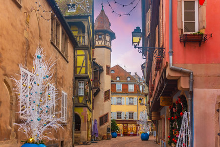 Colmar christmas decoration in France at twilightの写真素材