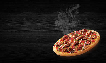 Concept promotional flyer and poster for Restaurants or pizzerias, template with delicious taste seafood pizza, mozzarella cheese and copy space for your text.の写真素材