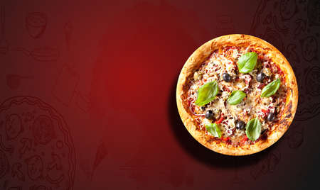 Concept promotional flyer and poster for Restaurants or pizzerias, template with delicious taste seafood pizza, mozzarella cheese and copy space for your text.の写真素材