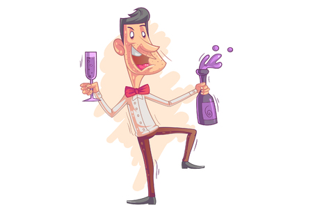 Cartoon man with wine bottle an glass.のイラスト素材
