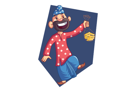 Vector cartoon illustration of Punjabi sardar with gold coins. Isolated on white background.のイラスト素材