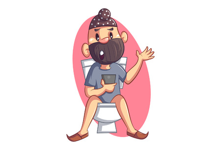 Vector cartoon illustration of Punjabi sardar sitting on bathroom seat and using phone. Isolated on white background.のイラスト素材