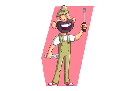 Vector cartoon illustration of Punjabi sardar wearing uniform.Punjabi Sardar  holding wrench and screwdriver in hand. Isolated on white background.のイラスト素材