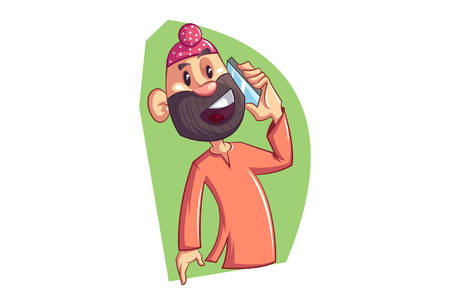 Vector cartoon illustration of Punjabi sardar talking on phone. Isolated on white background.のイラスト素材