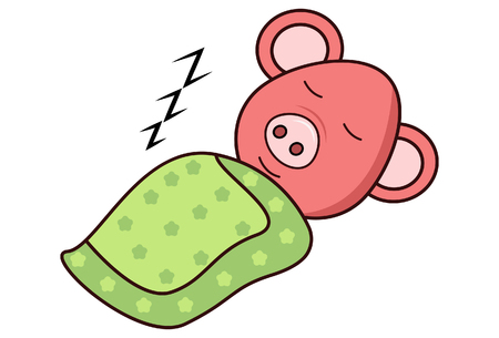 Vector cartoon illustration. Pig is sleeping with blanket. Isolated on white background.のイラスト素材