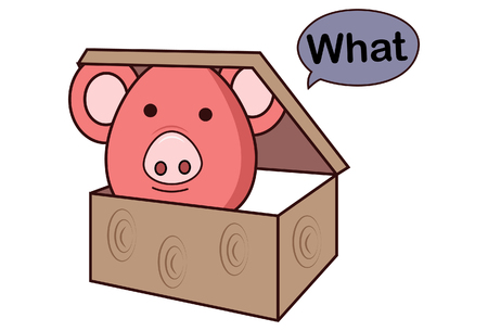 Vector cartoon illustration of pig sitting in box and ask what. Isolated on white background.のイラスト素材