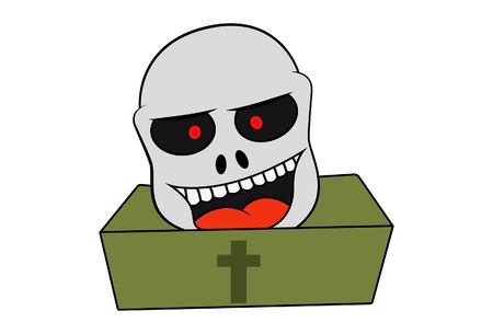 cartoon illustration of happy skull on coffin box. Isolated on white background.のイラスト素材