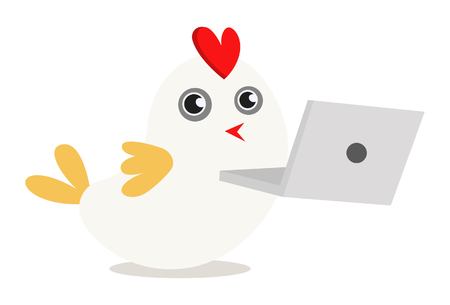 Vector cartoon illustration of cute sparrow with laptop. Isolated on white background.のイラスト素材