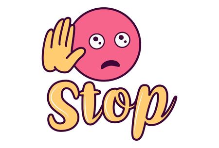 Vector cartoon illustration of smiley face  hand and stop text sticker.のイラスト素材