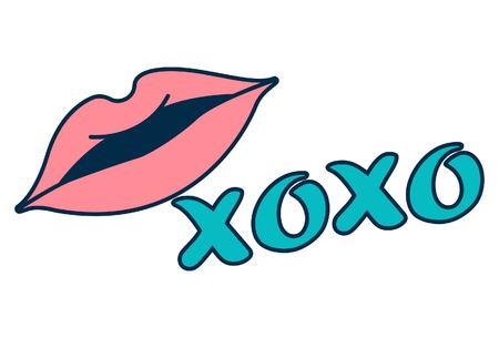Vector illustration of lovely lips. Lettering xoxo.  Isolated on white background.のイラスト素材