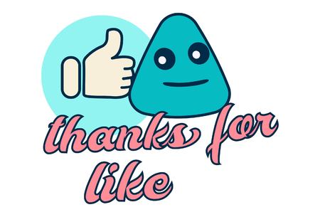 Lettering thanks for like. Vector cartoon illustration of smiley face with like sign.のイラスト素材