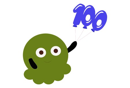 Vector illustration. Cartoon smiley face holding 100 number balloons in hand.のイラスト素材