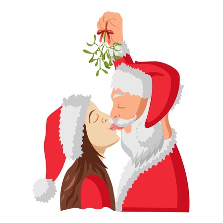 Cute Santa Claus kissing a woman. Vector Illustration. Isolated on white background.のイラスト素材