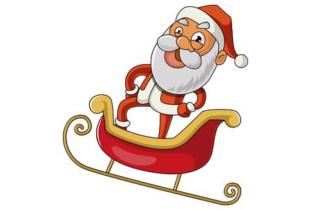 Vector cartoon illustration of cute Santa Claus and his flying sleigh sled . Isolated on white background.のイラスト素材