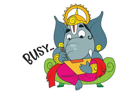 Vector cartoon illustration of lord ganesha busy . Isolated on white background.のイラスト素材