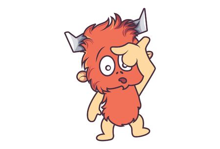 Vector cartoon illustration of cute fur monster thinking hard. Isolated on white background.のイラスト素材