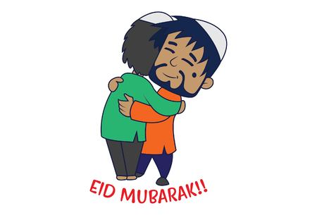 Vector cartoon illustration of cute muslim man hugging and wishing Eid Mubarak . Isolated on white background.のイラスト素材