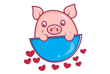 Vector cartoon illustration of cute pig with hearts. Isolated on white background.のイラスト素材