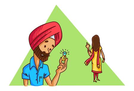 Vector cartoon illustration of  sardar girl returning ring to her sardar boyfriend  . Isolated on white background.のイラスト素材