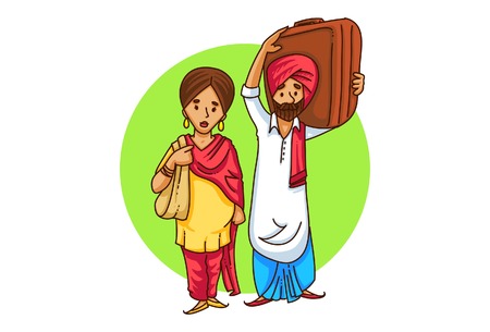 Vector cartoon illustration of  a punjabi sardar couple travelling . Isolated on white background.のイラスト素材