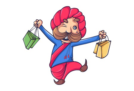 Vector cartoon illustration of happy rajput man with shopping bag . Isolated on white background.のイラスト素材