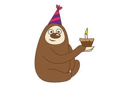 Vector cartoon illustration of cute sloth wearing birthday cap and with cake in hand .Isolated on white background.のイラスト素材