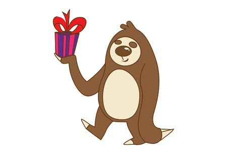 Vector cartoon illustration of cute sloth with gift in hand .Isolated on white background.