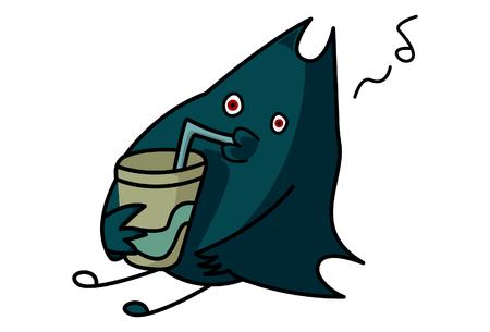 Vector cartoon illustration of cute bat drinking juice. Isolated on white background.のイラスト素材