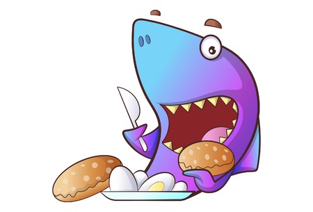 Vector cartoon illustration. Cute shark eating food. Isolated on white background.のイラスト素材