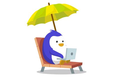 Vector cartoon illustration. Cute penguin working on laptop. Isolated on white background.のイラスト素材