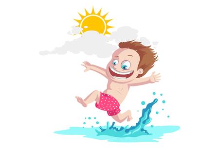 Cute boy jumping on water on beach. Vector Illustration. Isolated on white backgroundのイラスト素材