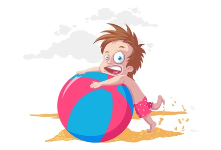 Cute boy playing with swim pool ball. Vector Illustration. Isolated on white background.のイラスト素材