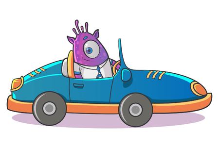 Vector illustration of Professional Purple Monster driving the car. Isolated on white background.のイラスト素材