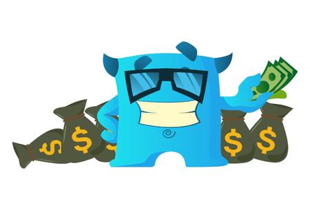 Cute blue monster with dollar bag and wearing glasses. Vector cartoon illustration. Isolated on white background.のイラスト素材