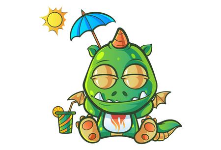 Vector cartoon illustration of cute baby dragon with umbrella. Isolated on white background.のイラスト素材