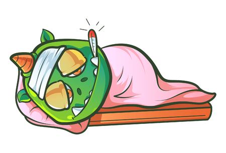 Vector cartoon illustration of cute baby dragon is sick. Isolated on white background.のイラスト素材