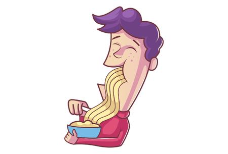 Vector cartoon illustration of cute boy is eating noodles. Isolated on white background.のイラスト素材
