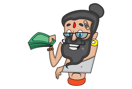 Vector cartoon illustration of cute injured data baba with money. Isolated on white background.のイラスト素材
