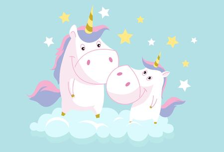 Vector cartoon illustration of cute couple unicorns. Isolated on blue background.のイラスト素材